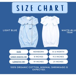 Special Occasion Baby Gown Personalized Name Design Organic Cotton Light Blue Sleeper Coming Home Outfit Baby Shower Gift Custom Made Details Quality Construction Beautiful Matching Hat Set Soft Knit Material Curved Neckline Style Newborn