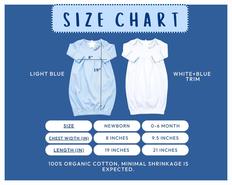 Special Occasion Baby Gown Personalized Name Design Organic Cotton Light Blue Sleeper Coming Home Outfit Baby Shower Gift Custom Made Details Quality Construction Beautiful Matching Hat Set Soft Knit Material Curved Neckline Style Newborn