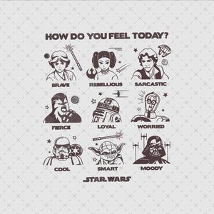 May include: A graphic print featuring the text HOW DO YOU FEEL TODAY? above nine Star Wars characters with labels: Brave, Rebellious, Sarcastic, Fierce, Loyal, Worried, Cool, Smart, and Moody. The Star Wars logo is printed at the bottom in dark gray.