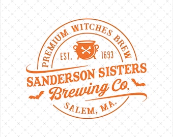 May include: An orange circular logo featuring the text "Premium Witches Brew" and "Sanderson Sisters Brewing Co." A cauldron with crossbones is in the center. The logo also includes the text "Est. 1693" and "Salem, MA."