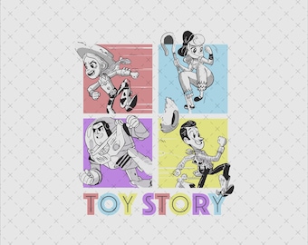 Imágenes prediseñadas de personajes de Toy Story, descarga instantánea en formato PNG y SVG, diseño colorido de dibujos animados, ideal para imprimir en camisetas o pegatinas.