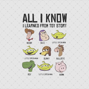 Tout ce que je sais que j'ai appris de Toy Story, visages de dessins animés, téléchargement numérique amusant, clipart Toy Story, téléchargement immédiat