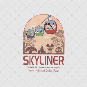 Op de afbeelding: Een afbeelding met het woord "Skyliner" in het rood, met de slogan "Reis de wereld van bovenaf". De afbeelding bevat drie gondels met Disney-personages, een kasteelsilhouet en de tekst "Resort, Hollywood Studios, Epcot."