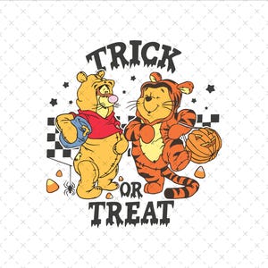 Colori di comfort Retro Halloween Dolcetto o scherzetto Winnie the Pooh e Tigro png, Winnie the Pooh Vintage Halloween png, Halloween da donna