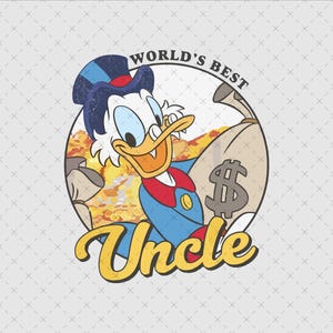 Il miglior design dello zio al mondo, clipart ispirata a Paperino, opera d'arte di apprezzamento dello zio, illustrazione di un sacco di soldi, download digitale colorato