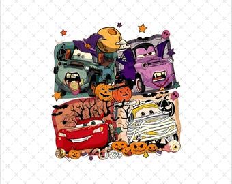 Puede incluir: Una colorida ilustración gráfica que presenta cuatro coches antropomórficos disfrazados de Halloween, incluyendo una bruja, un vampiro, un diablo y una momia, rodeados de calabazas, murciélagos, telarañas y dulces sobre un fondo blanco.