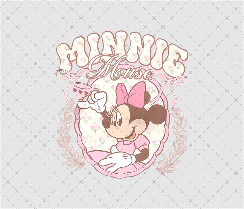 Retro Minnie Mouse png, instant download, bloemenroze coquette, sublimatie gezinsvakantieshirt afbeelding 1