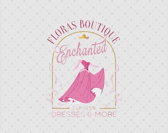 May include: A logo featuring a pink gown illustration centered within a gold arch frame. Text reads Floras Boutique, Enchanted, Est 1959, and DRESSES & MORE. A small gold crown sits above the gown. The background is a light gray with a subtle grid pattern.