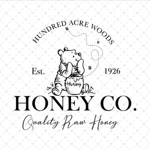 May include: A black and white graphic design featuring a bear holding a honey pot labelled Hunny. The text reads Hundred Acre Woods, Est. 1926, Honey Co., and Quality Raw Honey. A dotted line traces the flight path of small bees above the bear.