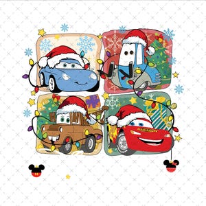 May include: A Christmas-themed graphic featuring four cartoon cars, each adorned with a Santa hat and fairy lights. The cars are set against a backdrop of snowflakes, Christmas trees, and wrapped presents, evoking a festive atmosphere.