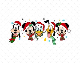 May include: A festive graphic featuring five cartoon characters: Goofy, Minnie Mouse, Donald Duck, Pluto, and Mickey Mouse. Each character is wearing a Santa hat and a striped scarf in red and green. Snowflakes and stars are scattered around the characters.