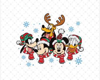 May include: A festive illustration featuring Mickey Mouse, Minnie Mouse, Donald Duck, Goofy, and Pluto, all dressed in holiday attire. They wear red and white striped scarves and hats, with snowflakes scattered around them. The characters are smiling.