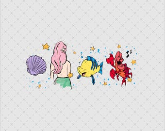 May include: Watercolor illustration featuring a mermaid with pink hair, a seashell, and cartoon characters Flounder and Sebastian. The characters are surrounded by stars and blue paint splatters on a white background.