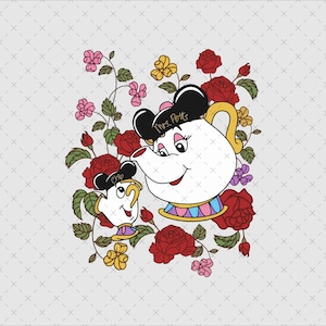 Puede incluir: Una ilustración caprichosa de la Sra. Potts y Chip de La Bella y la Bestia. La Sra. Potts, una tetera blanca con un sombrero negro, está al lado de Chip, una taza de té. Ambos están rodeados de rosas rojas, rosas y amarillas y hojas verdes, con el texto "Mrs. Potts" y "Chip".