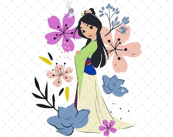 Mulan Fan Art, Instant Download PNG SVG, Minimalist Floral Warrior Princess, Printable Shirt Sticker Poster