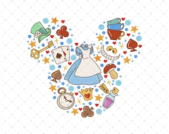 May include: A colourful illustration in the shape of Mickey Mouse ears, featuring Alice in Wonderland imagery. Includes a blue dress, teacups, a grinning Cheshire Cat, a mushroom, a pocket watch, and playing cards.