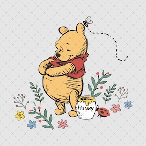 May include: A yellow bear wearing a red shirt stands next to a white honey pot labeled Hunny. A small bee flies above the bear's head, and a red ladybug sits near the pot. The scene is decorated with colorful flowers and green leafy stems.