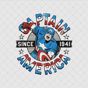 May include: A vintage-style graphic featuring Captain America in a dynamic pose, with the words "CAPTAIN AMERICA" in bold, distressed lettering. The design includes the text "SINCE 1941" and star accents, all set against a white background.