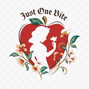 May include: A graphic illustration featuring a red apple silhouette containing a white profile of a person holding a small bird. The text Just One Bite is arched above in black lettering, surrounded by decorative green leaves and yellow flowers.