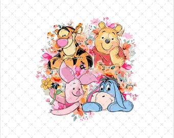 Winnie the Pooh Friends Floral PNG SVG, Instant Download, Sublimation Shirt Sticker File
