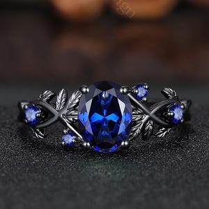 Vintage blue sapphire engagement ring Art deco twig leaf sapphire ring nature inspired ring unique black gold bridal promise ring custom