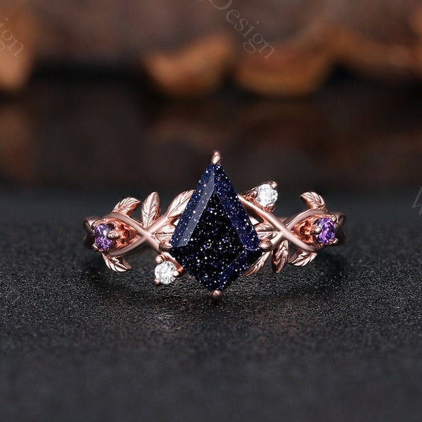 1.5ct Nature Inspired Galaxy Blue Sandstone Engagement Ring Unique Twig Leaf Amethyst Ring Blue Goldstone Black Gold Wedding Promise Ring