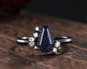 Coffin Cut Blue Sandstone Engagement Ring, Black Gold Moissanite Cluster