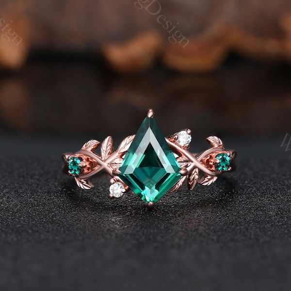Vintage kite cut green emerald engagement ring unique twig leaf emerald wedding ring for women nature inspired ring May birthstone gift