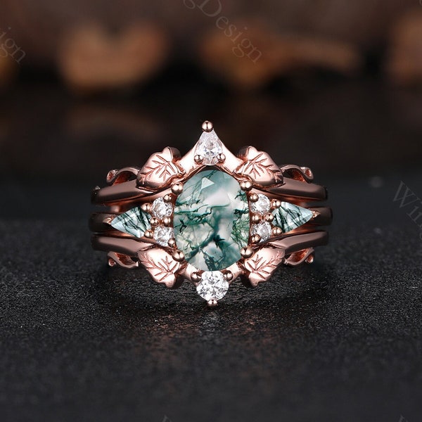 Vintage Moss agate engagement ring Set Unique rose gold Cluster green agate ring Double curved Moissanite wedding band Bridal Promise gift