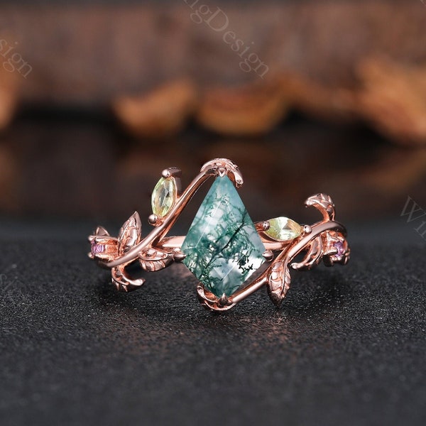 Vintage kite moss agate engagement ring rose gold twig leaf peridot ring nature branch ring unique art deco bridal promise ring green agate