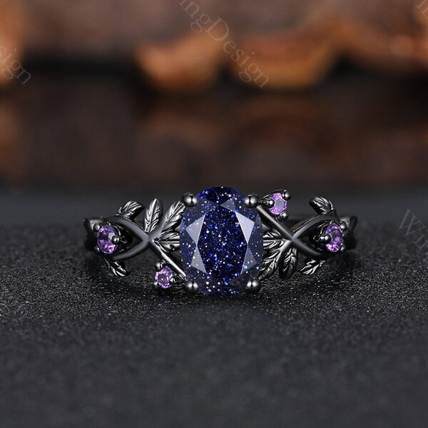 1.5CT Oval Galaxy Blue Sandstone Engagement Ring Black Gold Ring Unique Twig Leaf Amethyst Ring Blue Goldstone Art Deco Wedding Promise Ring