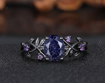 1.5CT Oval Galaxy Blue Sandstone Engagement Ring Black Gold Ring Unique Twig Leaf Amethyst Ring Blue Goldstone Art Deco Wedding Promise Ring