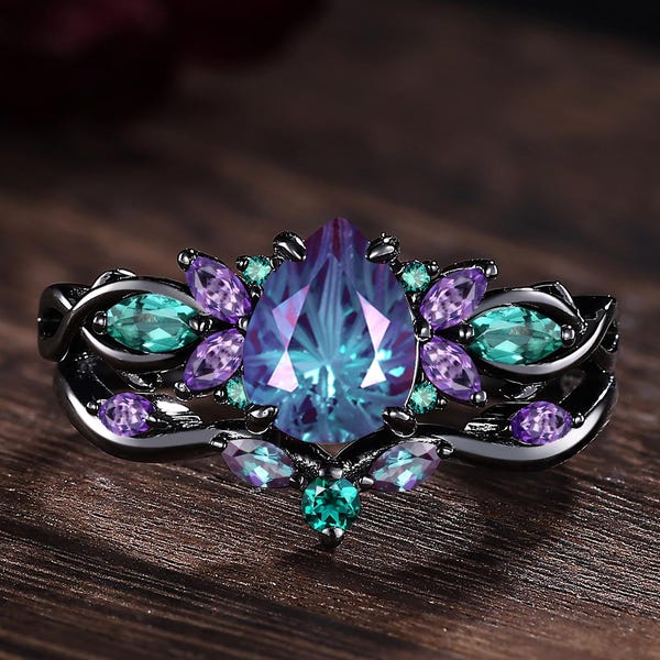 Alexandrite Engagement Ring Set, Gothic Black Gold Emerald Amethyst Wedding Rings