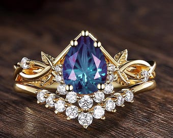 Firework Cut Alexandrite Engagement Ring Set, Gold Leaf Wedding Band