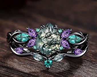 Vintage Moss Agate Engagement Ring Set: 14K Black Gold, Amethyst & Emerald