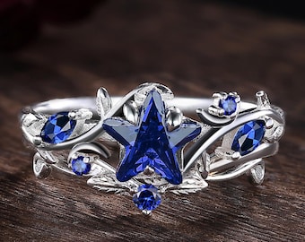Sapphire Pentagram Wedding Ring Set, Sterling Silver Crescent Moon Stacking Rings