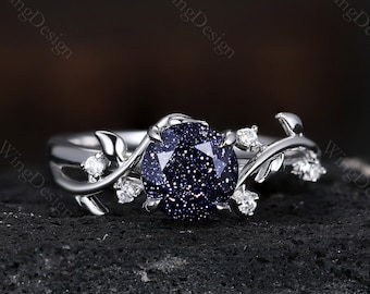 Sternenhimmel Galaxie blauen Sandstein Verlobungsring Sterling Silber Ring für Frauen einzigartige Weinblatt Design Ring Cluster Moissanit Brautring