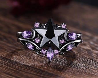 Unique Pentagram Black Onyx Wedding Ring Set 14K Black Gold Crescent Moon Stacking Rings Gothic Engagement Ring Set Anniversary Gift For Her