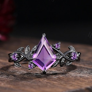 Vintage kite cut amethyst engagement ring unique black gold leaf amethyst wedding ring for women nature inspired ring birthstone gift custom