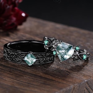 Vintage Heart-shaped Moss Agate Couple Rings Black Gold His&Her Matching Wedding Band Leaf Design Ring Emerald Bridal Promise Ring Custom