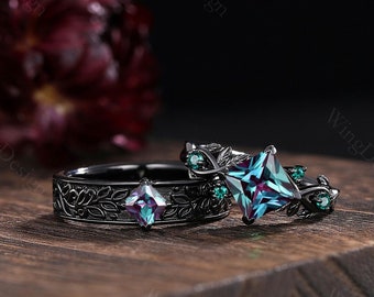 Alexandrite Couples Ring Set, Gothic Black Gold Leaf Wedding Bands