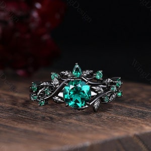 Vintage Smaragd Verlobungsring Set einzigartige Weinblatt Smaragd Cluster Ring Gothic Schwarz Gold Ring für Frauen Zweig Brautring