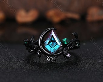 Nature inspired Alexandrite engagement ring set unique moon style emerald cluster ring gothic black gold rings for women leaf branch rings