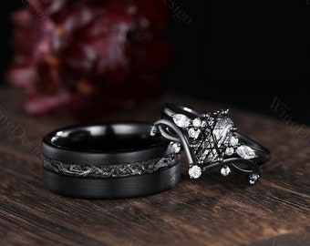 3PCS Couples Ring Set Black Rutilated Quartz Engagement Ring Black Gold His and Her Wedding Band Mens Tungsten Ring Unique Bridal Ring Set