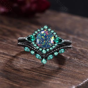 Vintage Black Fire Opal Engagement Ring Set Nature Inspired Beaded Edge Design Emerald Cluster Ring Black Gold Stacking Bridal Wedding Rings