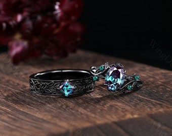 Vintage Alexandrite Couples Ring Set Gothic Black Gold His and Hers Wedding Band Mens Princess cut Ring Twig Branch Bridal Promise Ring Set