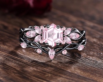 Unique Hexagon Pink Sapphire Engagement Ring Set 14K Black Gold Nature Inspired Stacking Rings Pink Sapphire Wedding Rings Anniversary Gifts