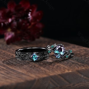 Vintage Alexandrite Couples Ring Set Gothic Black Gold His and Hers Wedding Band Mens Princess cut Ring Twig Branch Bridal Promise Ring Set