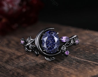 Blue Sandstone Engagement Ring Set, Gothic Moon Amethyst Ring