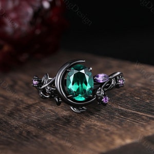 Oval geschnitten Smaragd Verlobungsring Set einzigartige Mond Stil Amethyst Cluster Ring Gothik Schwarz Gold Ringe für Frauen Blatt Zweig Ringe Mai Schmuck